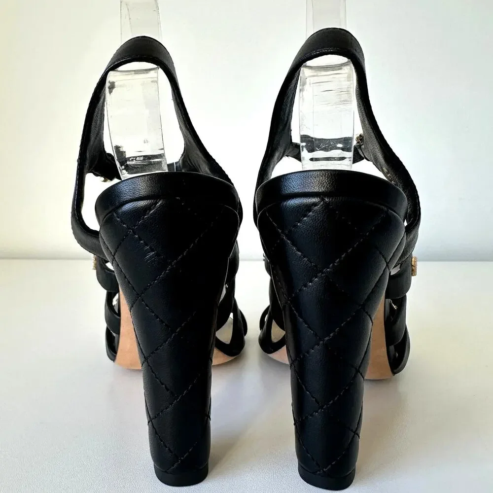 CHANEL CC Logo Black Lambskin Quilted Heels Gold Chain Strap Sandals IT 39